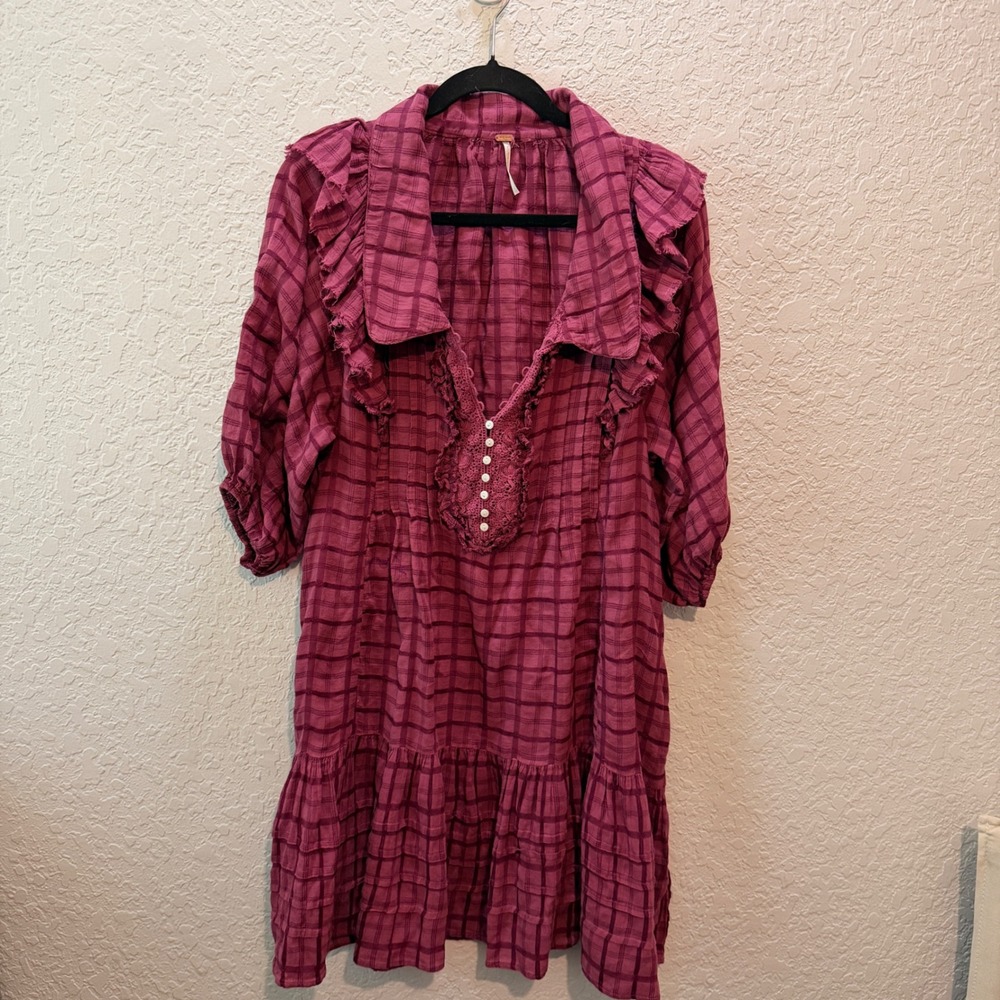 Free People Elora Rose Pink Spring Mini Dress JuneBerry Plaid Boho Cottagecore - Picture 2 of 7